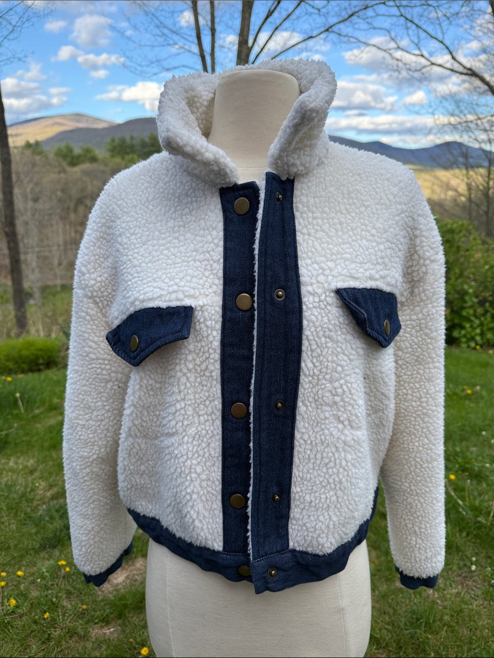 Sherpa Jacket with Contrast Trim - White SHEIN size S